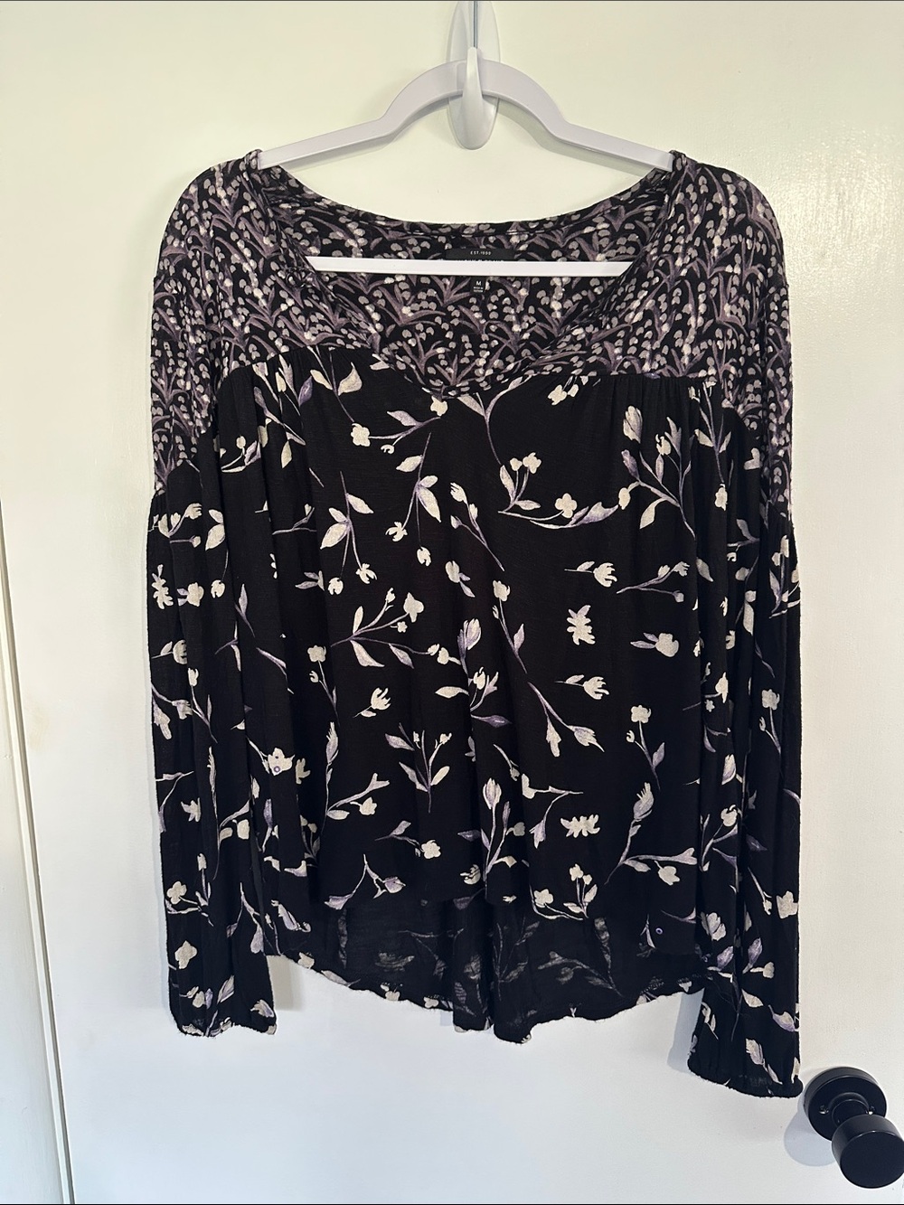 Lucky Brand Black Floral Long-Sleeve Blouse with Lavender Accents Size Medium